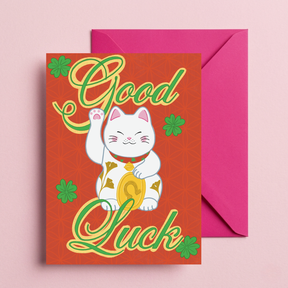 Maneki Neko Good Luck Card - Eco-Friendly Japanese Lucky Cat Greeting Card - Printed in UK