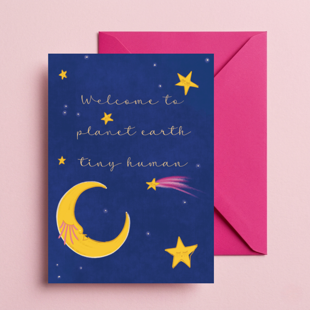 Celestial "Welcome to Planet Earth" New Baby Card | Gender Neutral Moon & Stars Greeting Card