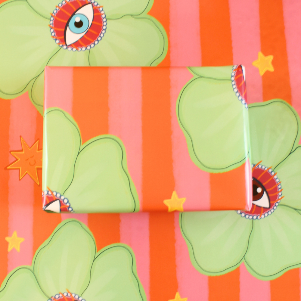 Surrealist Floral Gift Wrap – Bold Stripes & Stars Wrapping Paper