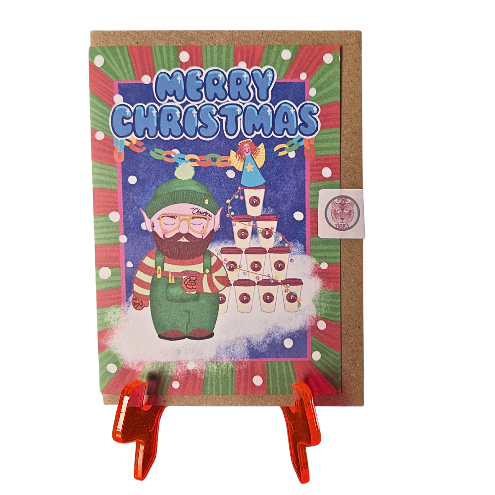 Christmas-themed card with a elf and candy cane design on a colorful background