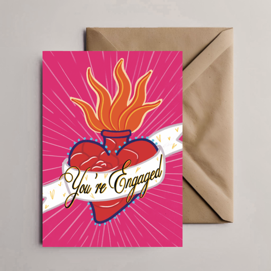 You’re Engaged Greeting Card | Sacred Heart Tattoo Style Engagement Card