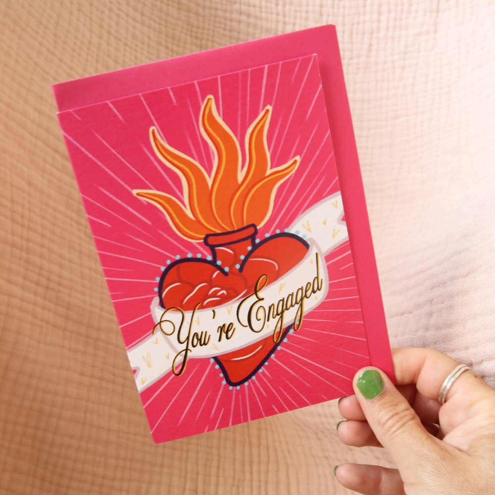 You’re Engaged Greeting Card | Sacred Heart Tattoo Style Engagement Card