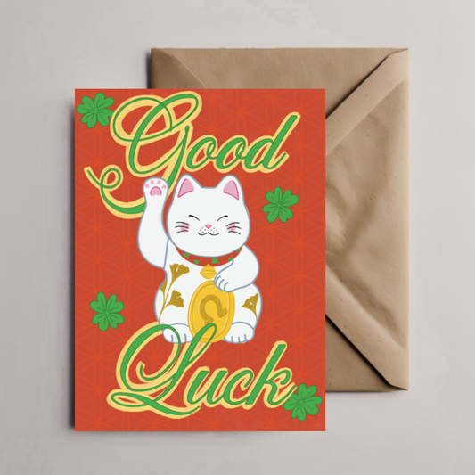 Maneki Neko Good Luck Card - Eco-Friendly Japanese Lucky Cat Greeting Card - Printed in UK