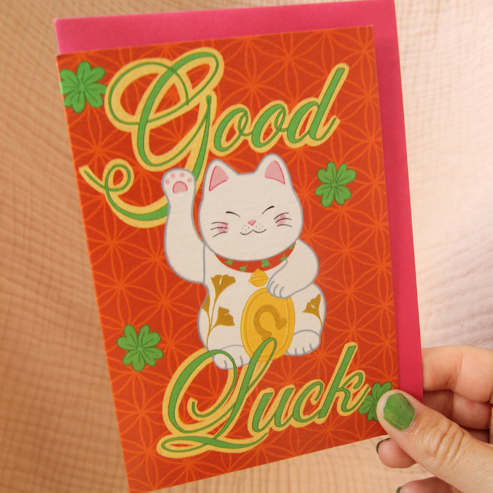 Maneki Neko Good Luck Card - Eco-Friendly Japanese Lucky Cat Greeting Card - Printed in UK