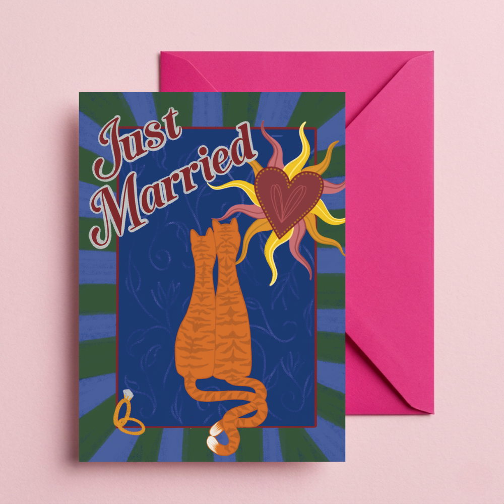 Just Married Orange Tabby Cat Wedding Card – Hand-Illustrated Greeting Card for Cat Lovers
