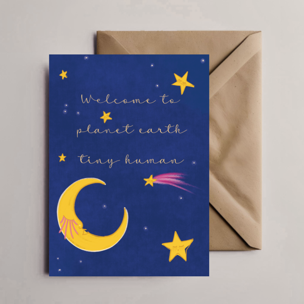 Celestial "Welcome to Planet Earth" New Baby Card | Gender Neutral Moon & Stars Greeting Card