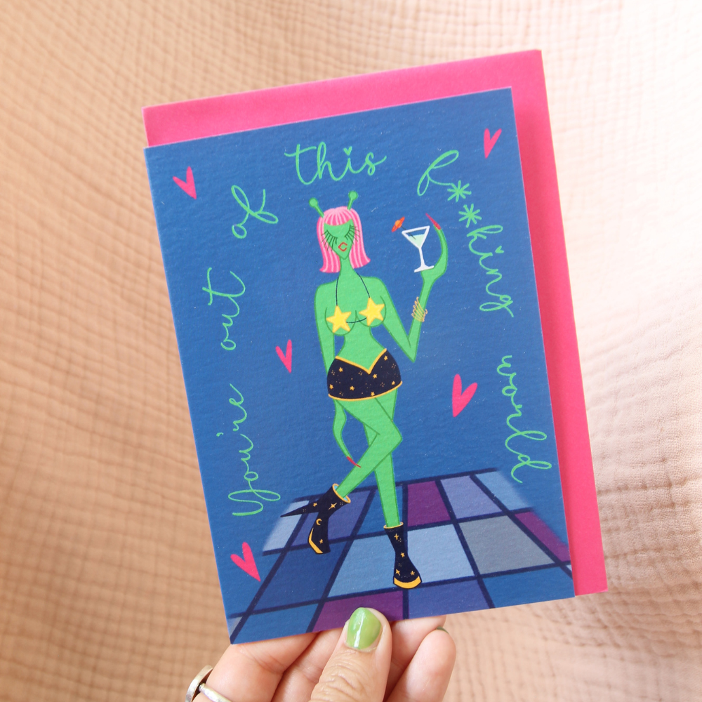 Out of This World Green Alien Woman Greeting Card - Sci-Fi Cosmic Art