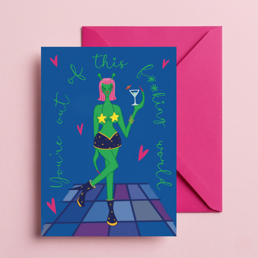 Out of This World Green Alien Woman Greeting Card - Sci-Fi Cosmic Art