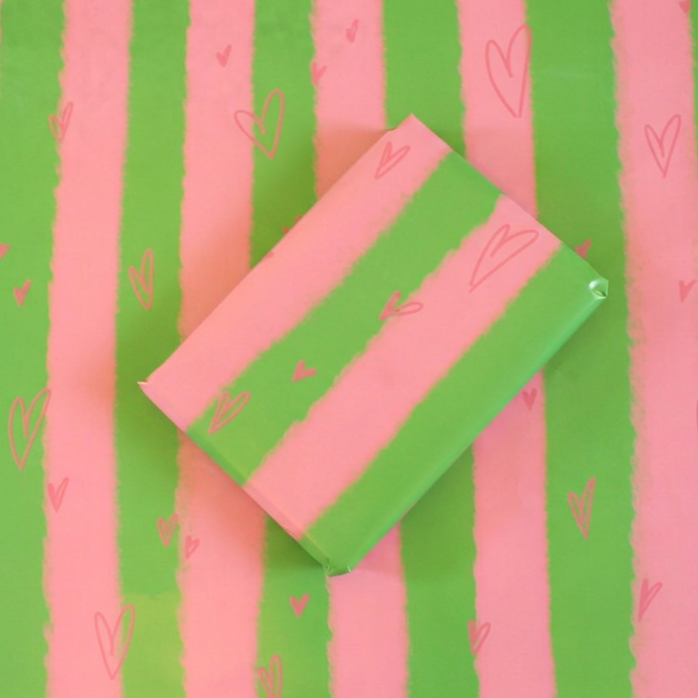Pink & Green Stripe Hearts Luxury Gift Wrap