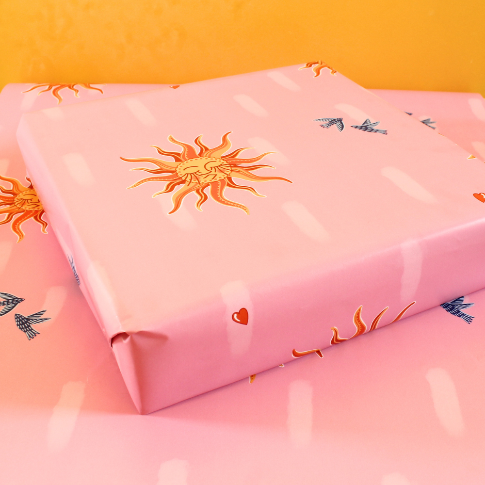 Celestial Sun & Bluebird Luxury Gift Wrap – Dreamy Pink Wrapping Paper