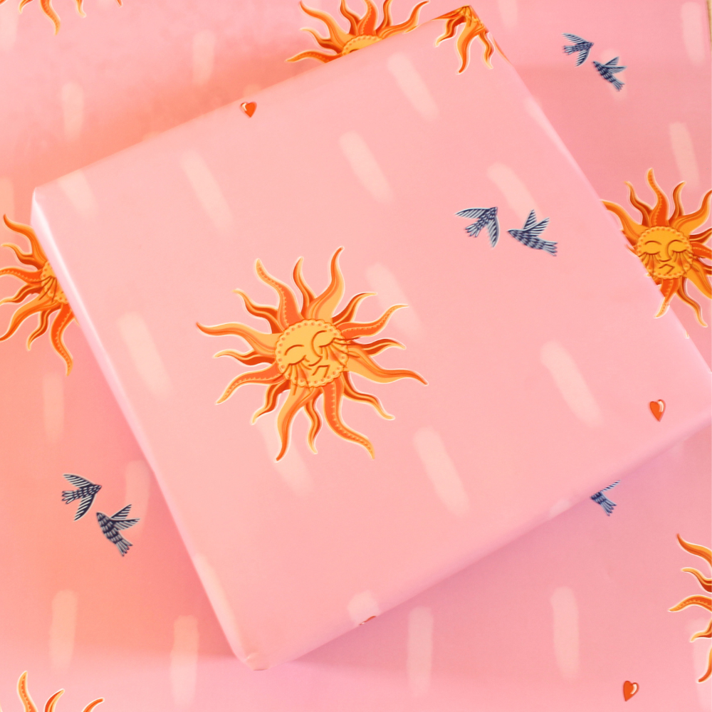 Celestial Sun & Bluebird Luxury Gift Wrap – Dreamy Pink Wrapping Paper