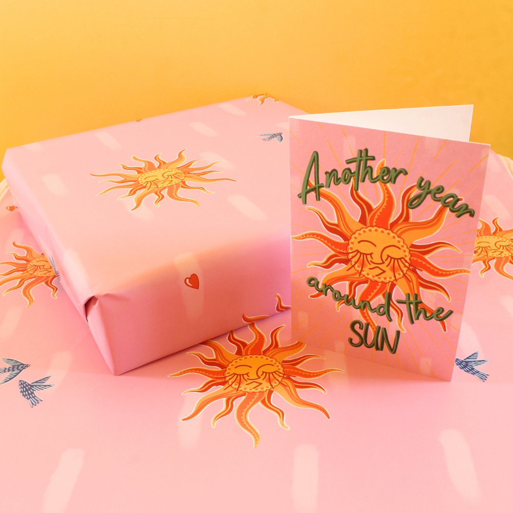Celestial Sun & Bluebird Luxury Gift Wrap – Dreamy Pink Wrapping Paper