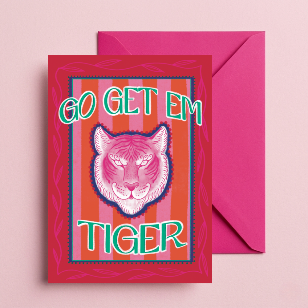 Go Get 'Em Tiger Encouragement Card – Bold Maximalist Greeting Card for Success & Support
