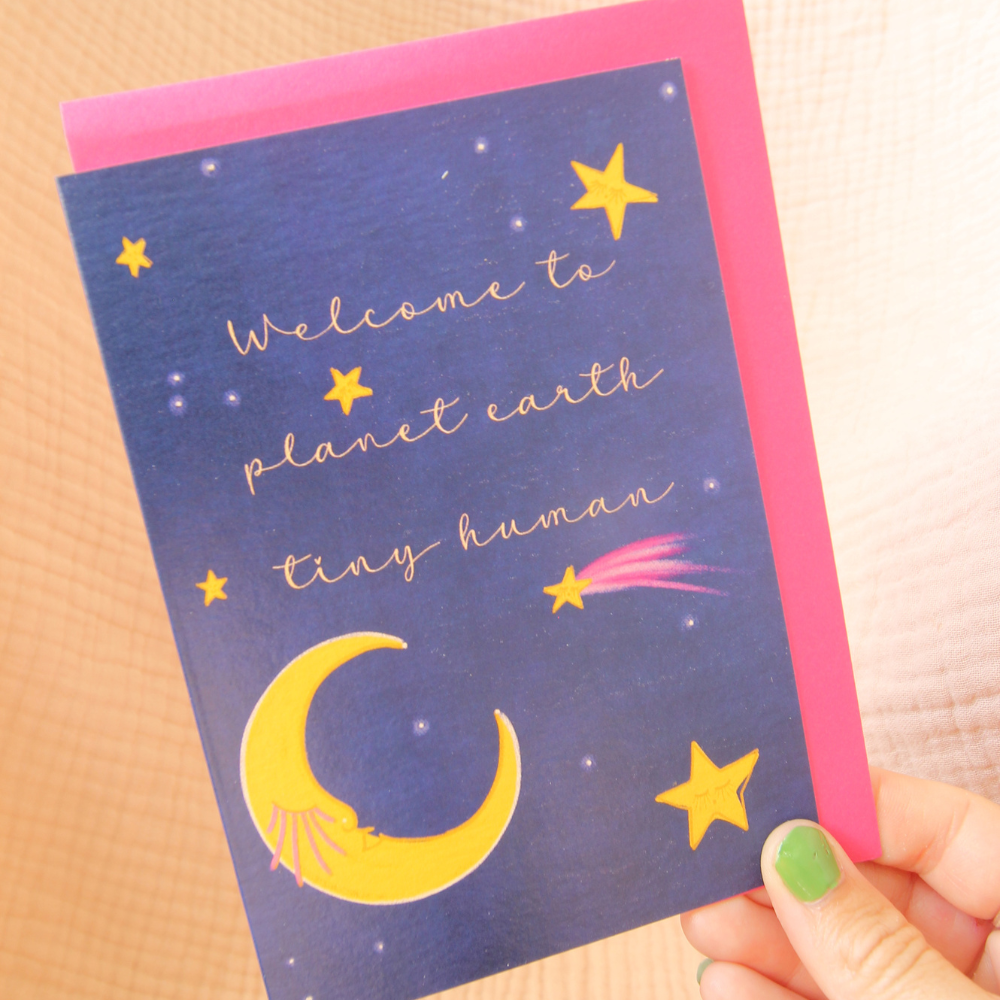 Celestial "Welcome to Planet Earth" New Baby Card | Gender Neutral Moon & Stars Greeting Card