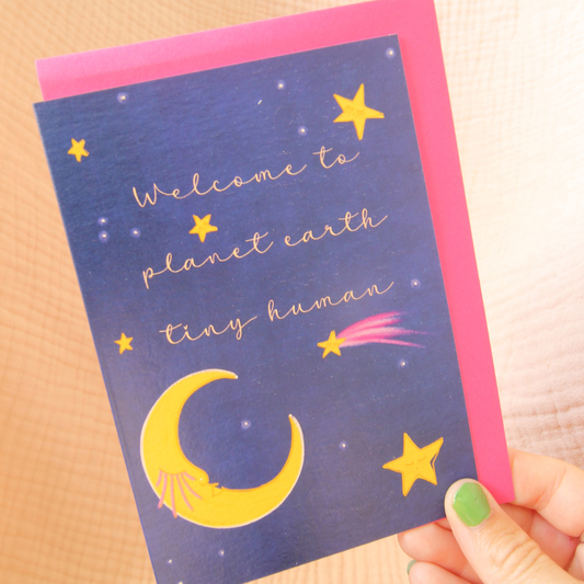 Celestial "Welcome to Planet Earth" New Baby Card | Gender Neutral Moon & Stars Greeting Card