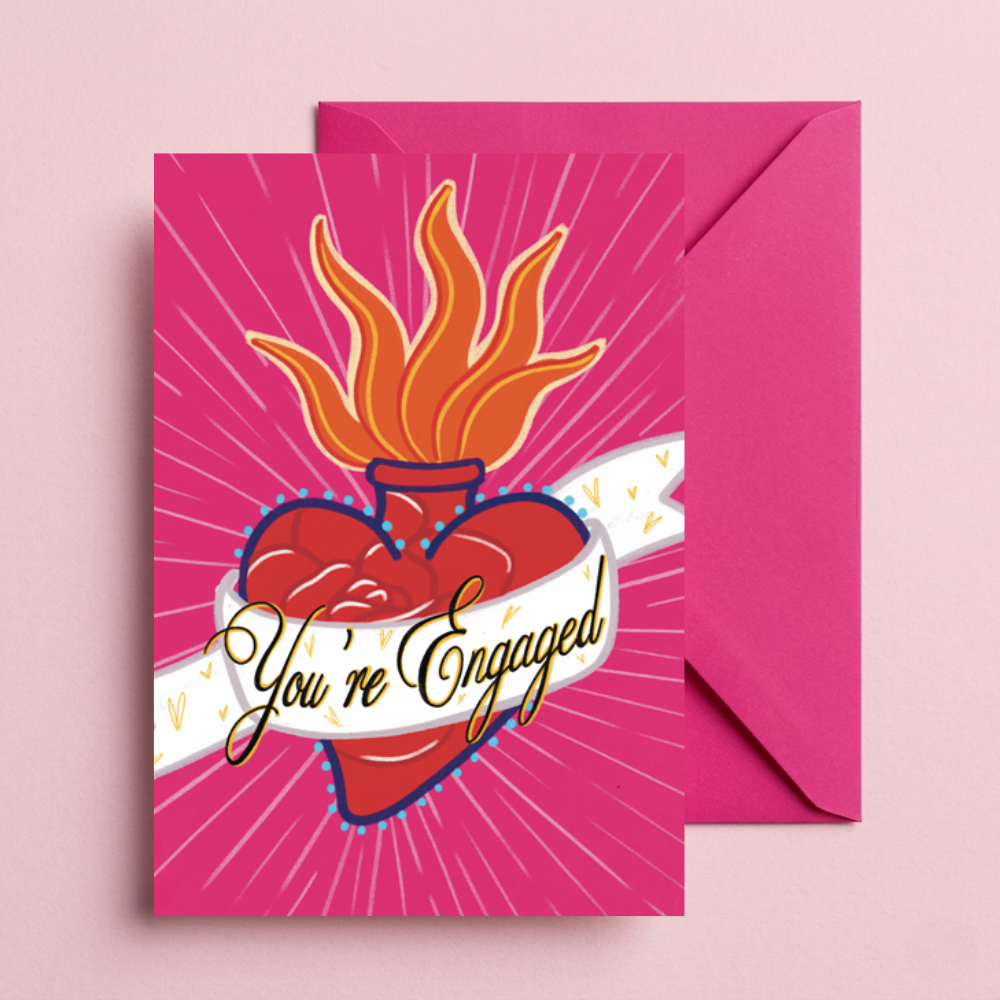 You’re Engaged Greeting Card | Sacred Heart Tattoo Style Engagement Card