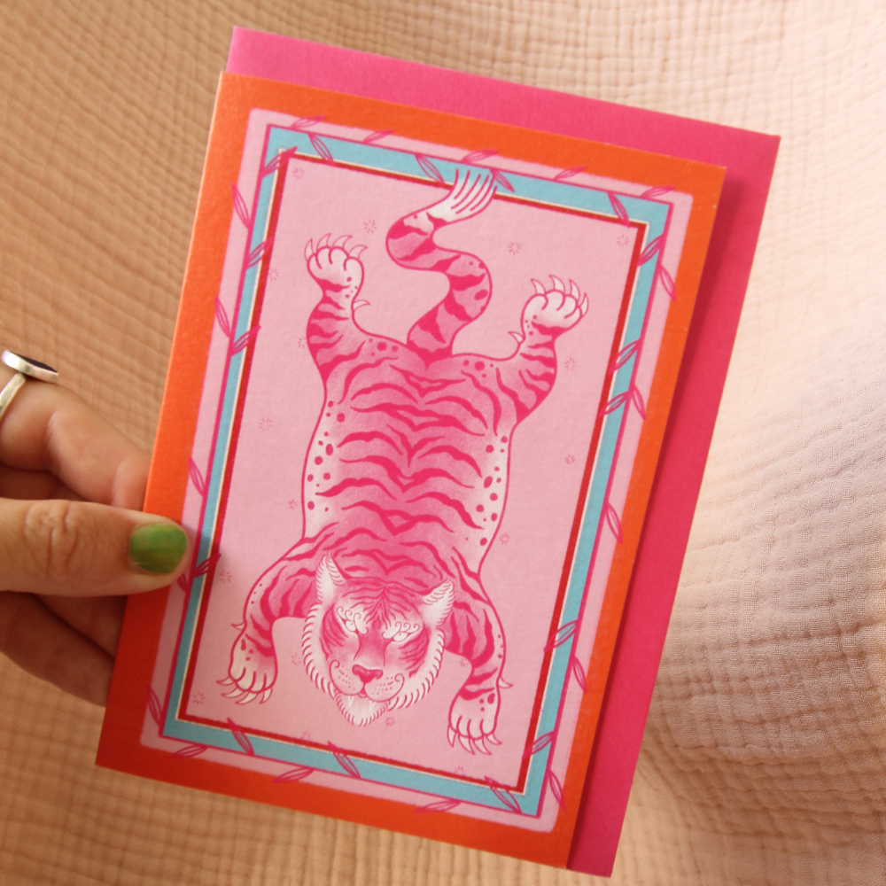 Pink Tiger Greeting Card - Artistic Animal Stationery for Birthday, Thank You, or Any Occasion